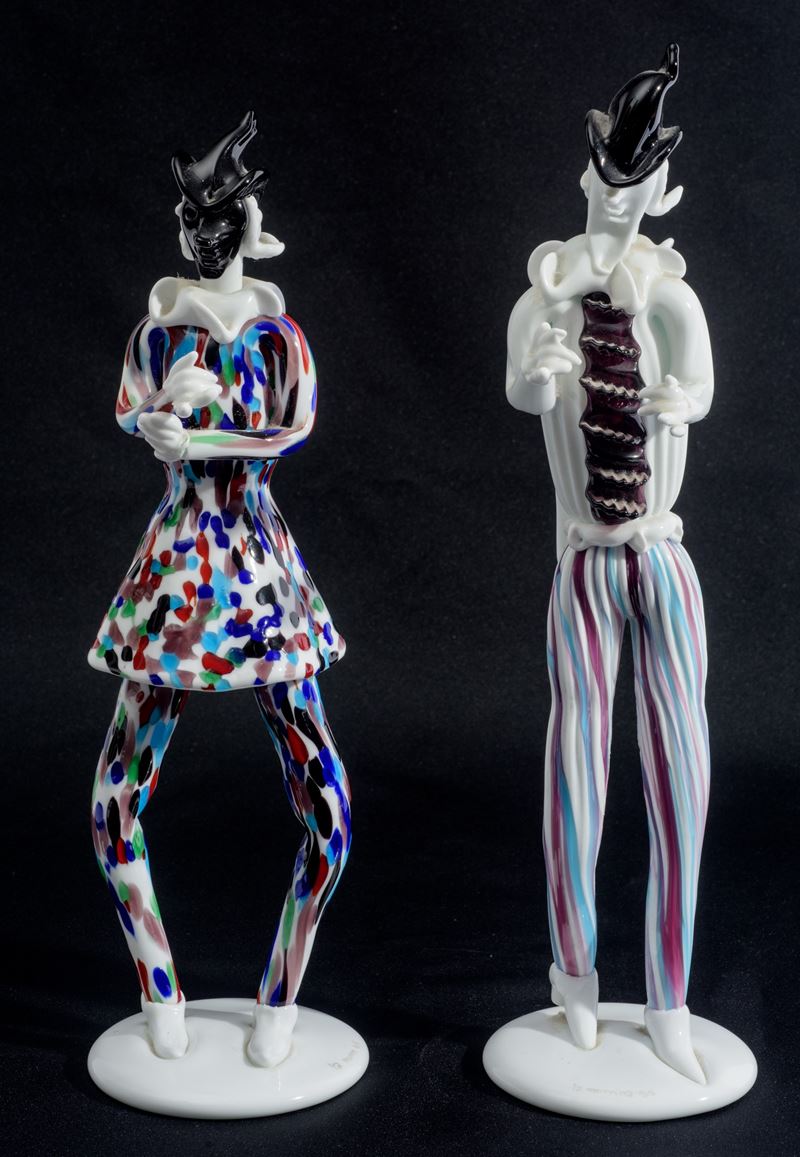 Fulvio Bianconi - Due sculture raffiguranti Pantalone e Arlecchino in vetro di Murano (1995)