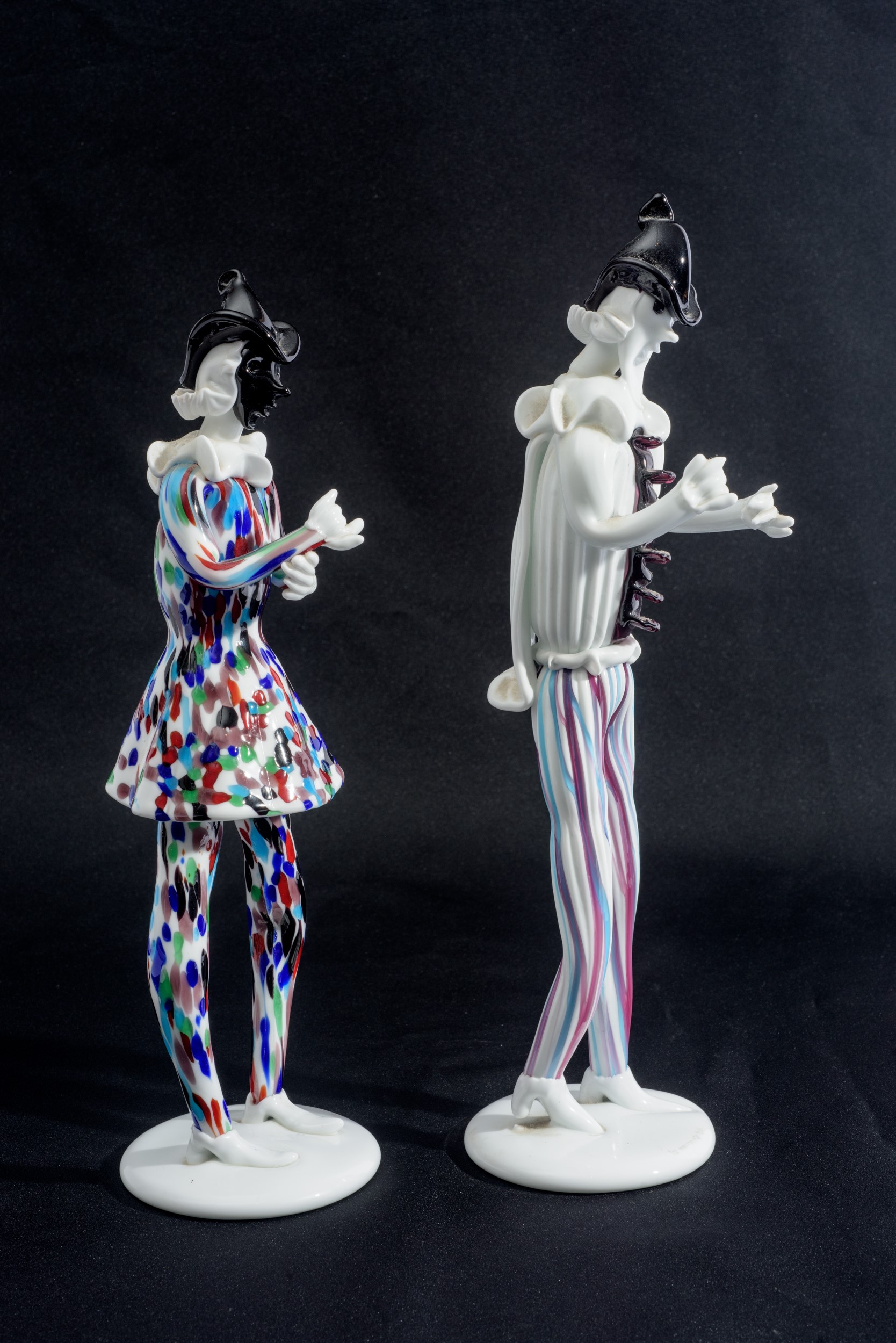 Fulvio Bianconi - Due sculture raffiguranti Pantalone e Arlecchino in vetro di Murano (1995)