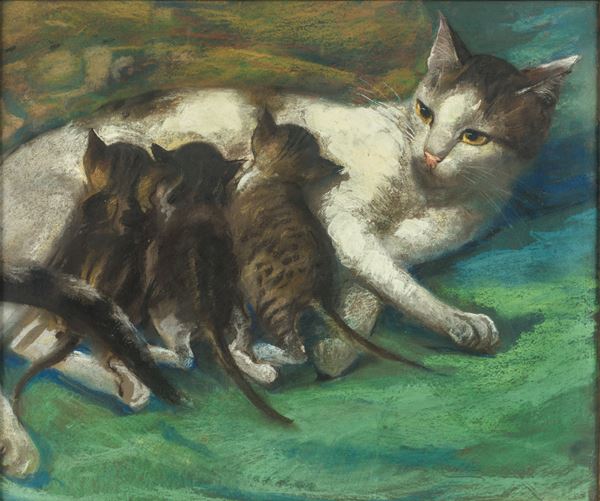 Marino Lenci - Mamma gatta con gattini