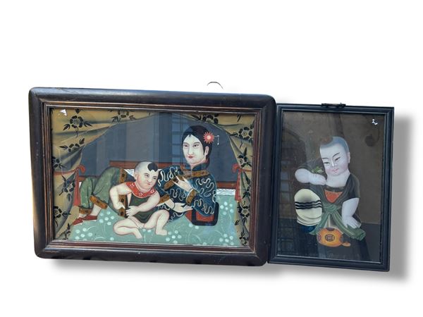 Coppia di dipinti a soggetto orientale  (Manifattura orientale - XX secolo)  - olio su vetro applicato su pannello in legno - Asta Brocantage - Summer Edition  - DAMS Casa d'Aste