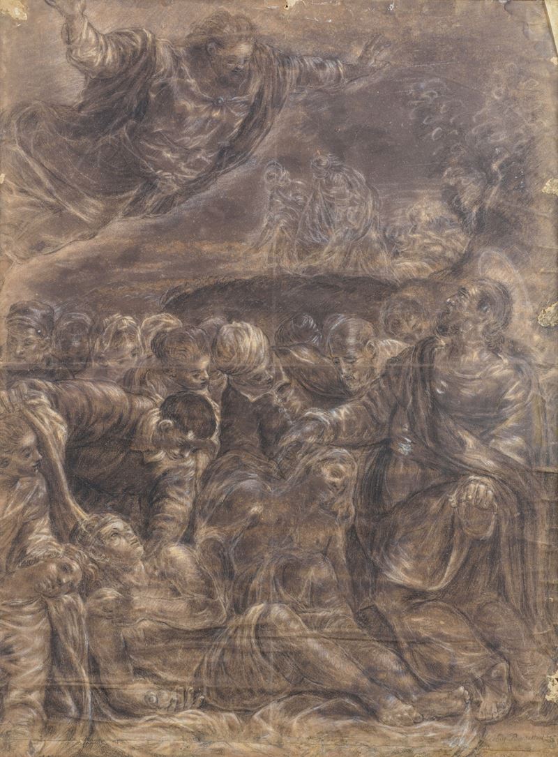 Scena sacra con Cristo tra gli apostoli e figure celesti