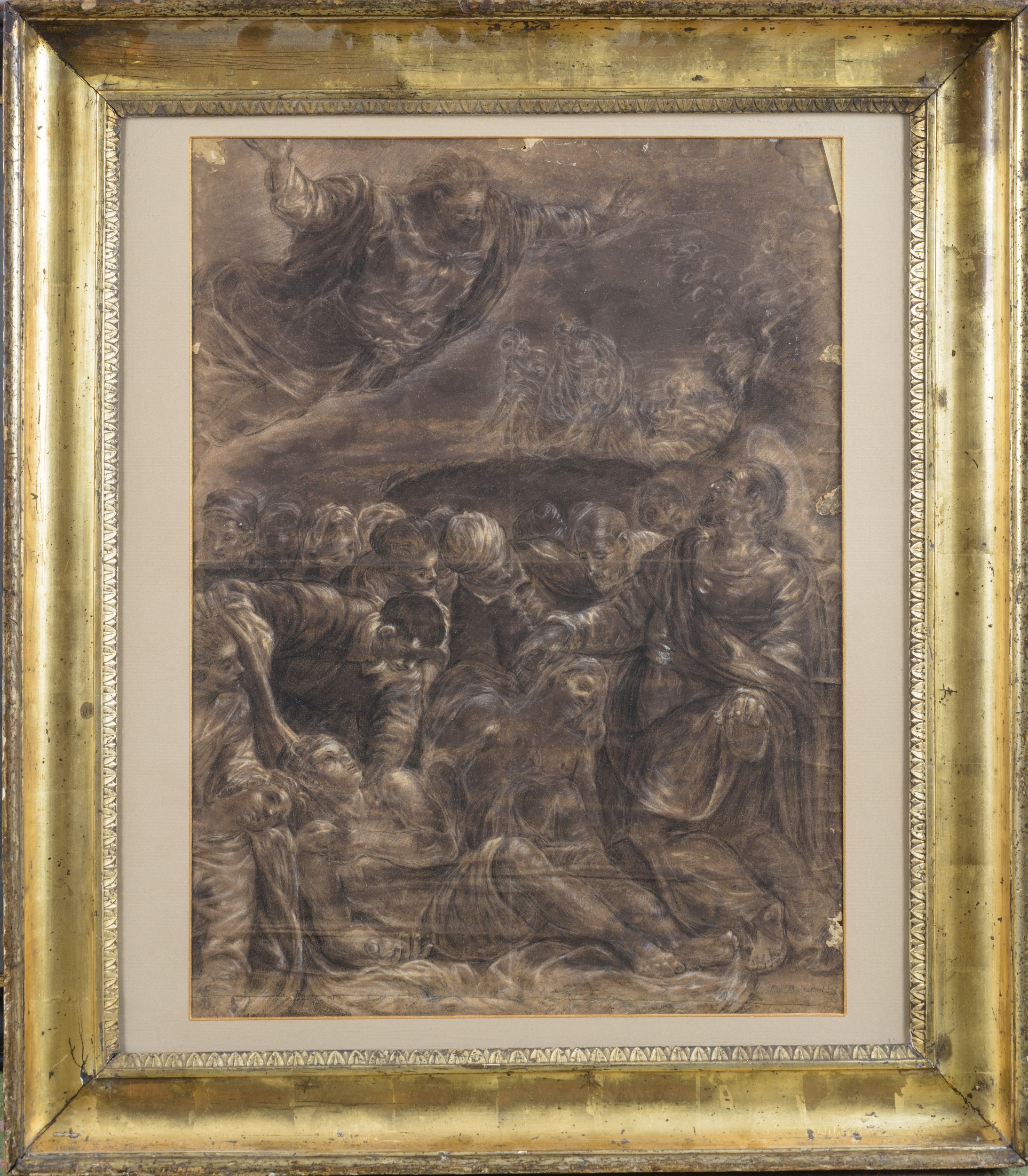 Scena sacra con Cristo tra gli apostoli e figure celesti