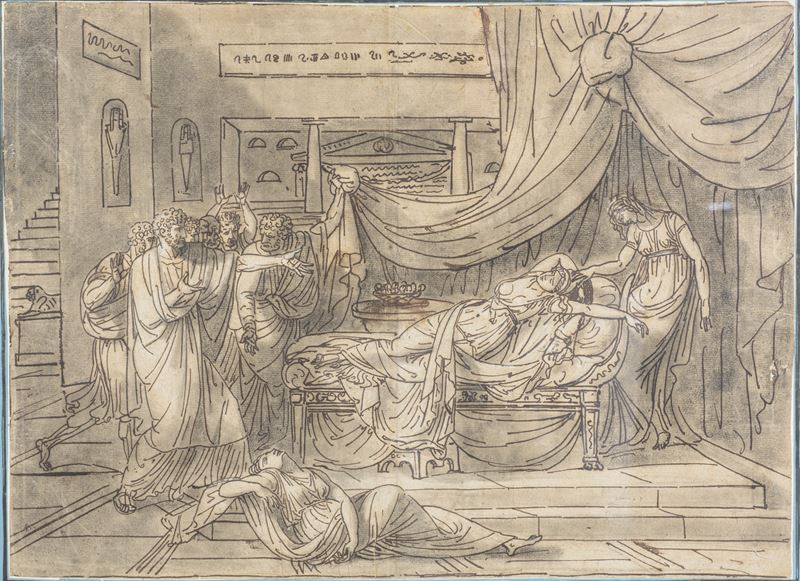 Disegno raffigurante la morte di Cleopatra
