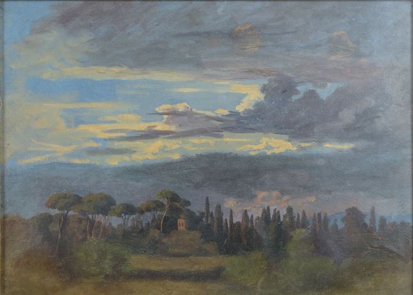 Paesaggio con cipressi e pini