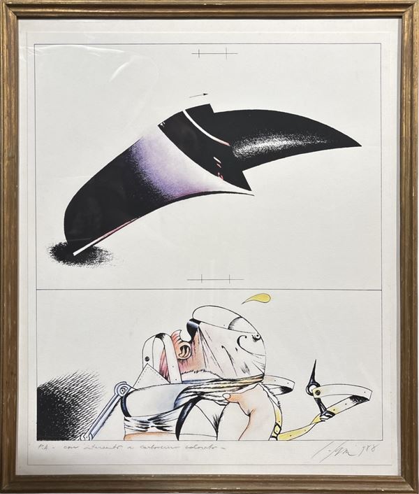 Sergio Sarri : Senza titolo  (1988)  - litografia e carboncino - Auction Affordable art of the 20th century  - DAMS Casa d'Aste