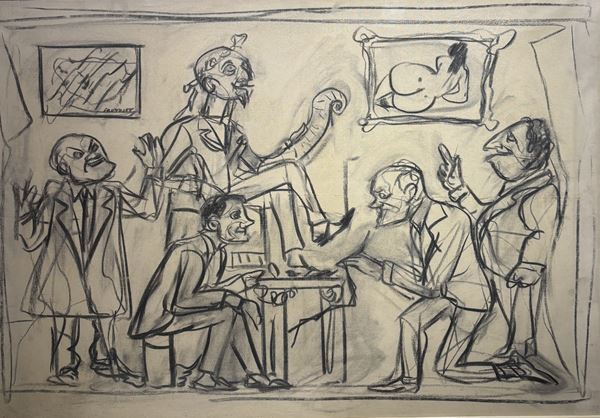 Giovanni Stradone : Interno di letterati  (1968)  - carboncino su tela - Auction Affordable art of the 20th century  - DAMS Casa d'Aste