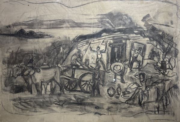 Giovanni Stradone : La cava  (1962)  - carboncino su tela - Auction Affordable art of the 20th century  - DAMS Casa d'Aste