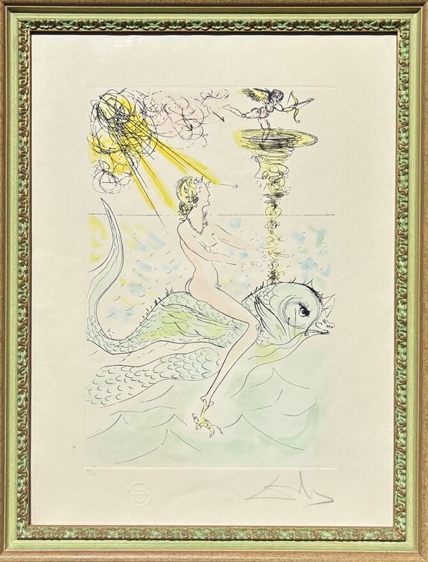 Salvador Dal&#236; :  Syrène au dauphine  (1972)  - punta secca su carta - Auction Affordable art of the 20th century  - DAMS Casa d'Aste