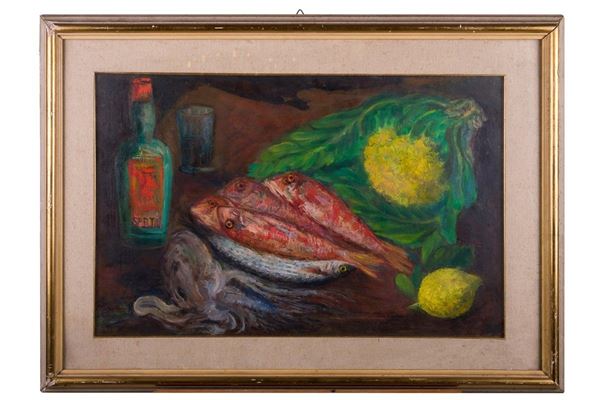 Natura morta con pesci e bottiglia  (XX secolo)  - dipinto ad olio su faesite - Auction Affordable art of the 20th century  - DAMS Casa d'Aste