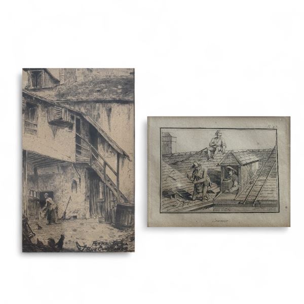 Eugene Delatre - La ferme de la Rue Costance - e litografia "Le Couvreur" di Duplessis Bertaux