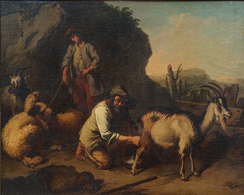 Scena pastorale con pastori e capre