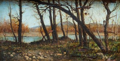 Paesaggio boschivo con fiume, olio su tavola