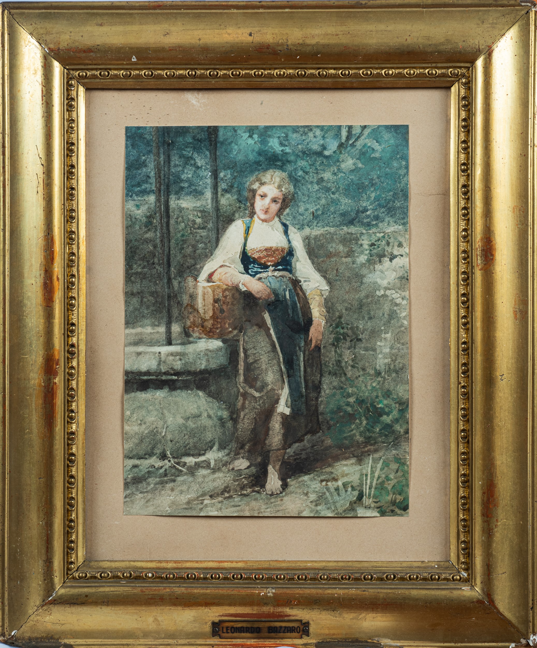 Leonardo Bazzaro - Fanciulla al pozzo, acquerello su carta