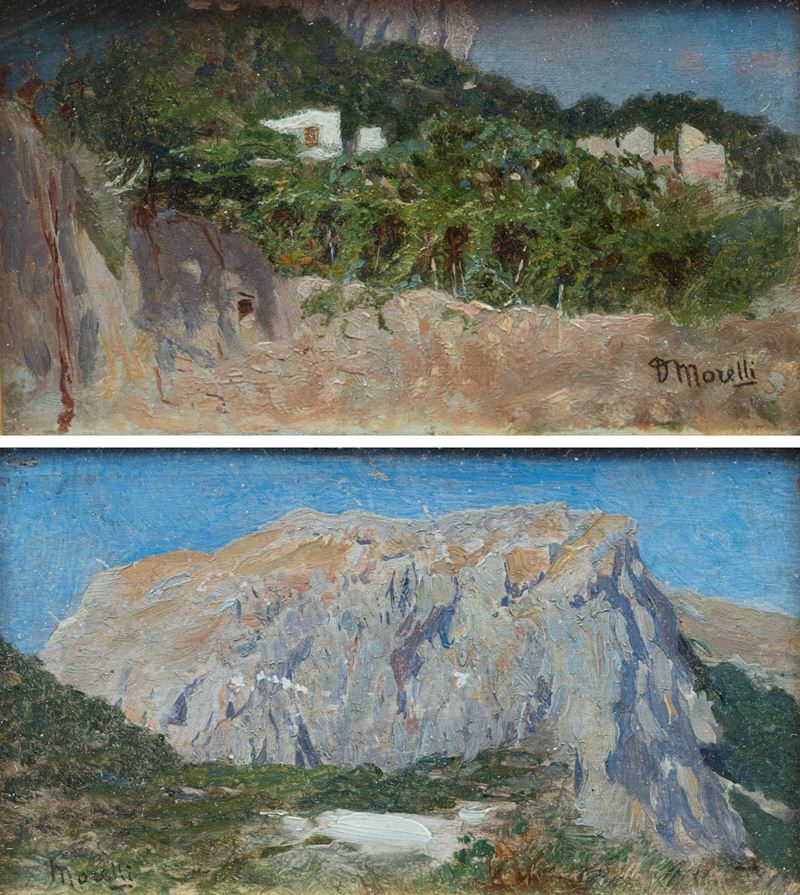 Domenico Morelli - Coppia di dipinti raffiguranti scorci della penisola sorrentina, olio su tevol...