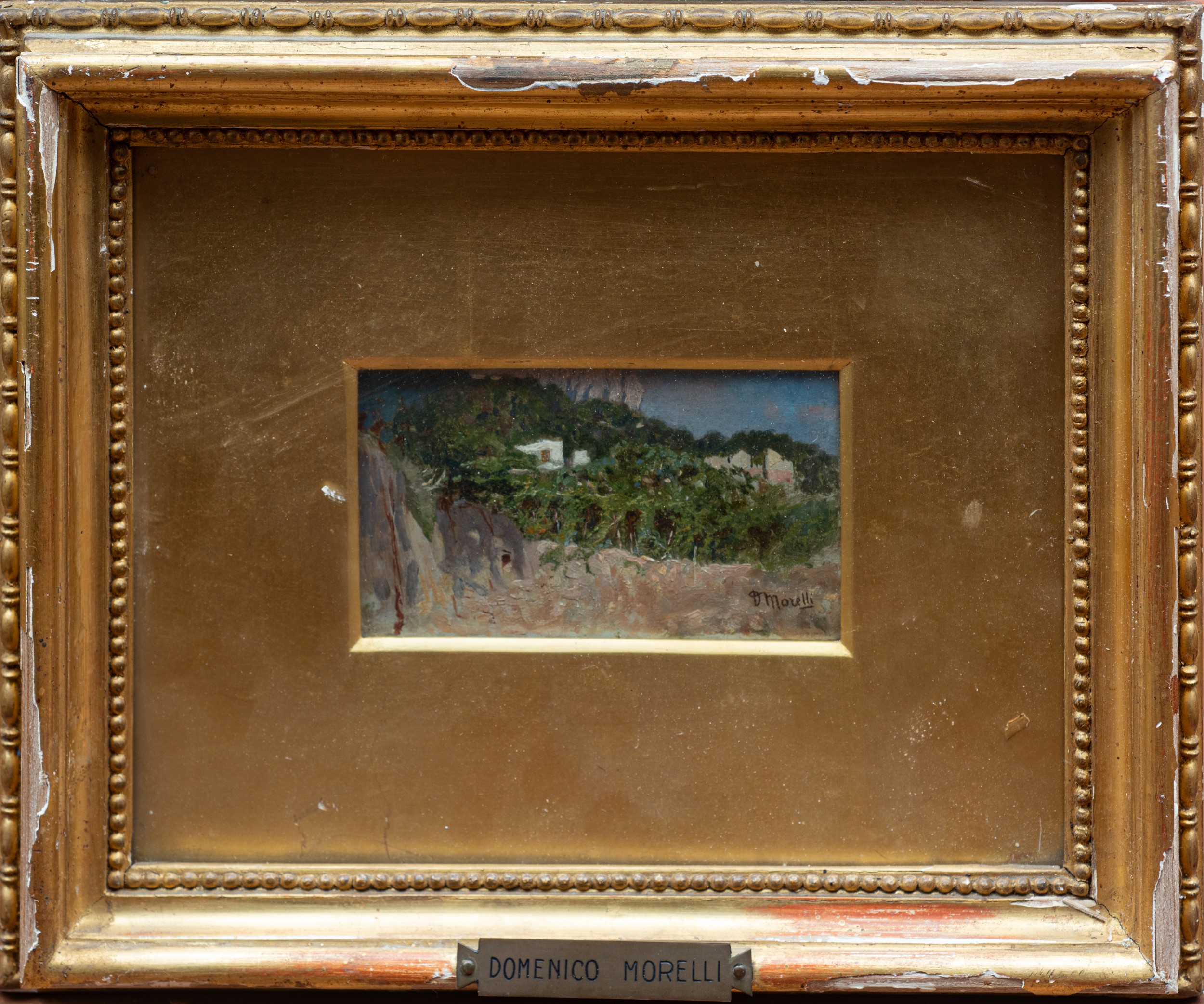 Domenico Morelli - Coppia di dipinti raffiguranti scorci della penisola sorrentina, olio su tevol...