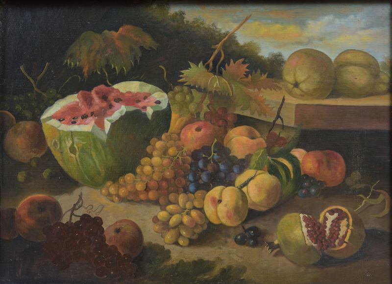Natura morta con pesche, melograni, uva e anguria