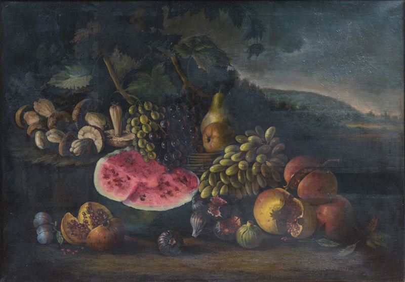 Natura morta con funghi, uva, anguria e melograni
