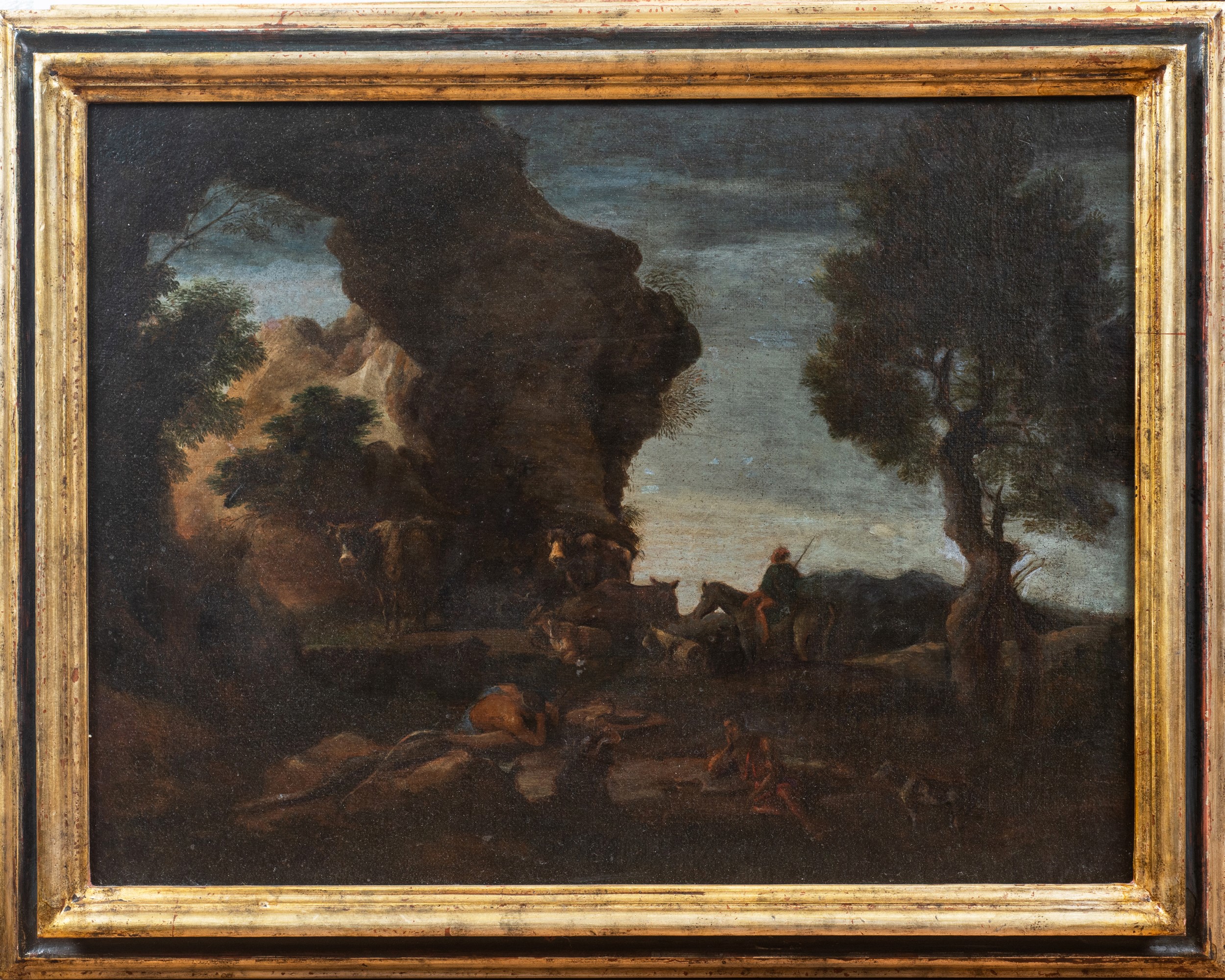 Paesaggio arcadico con buoi e pastori