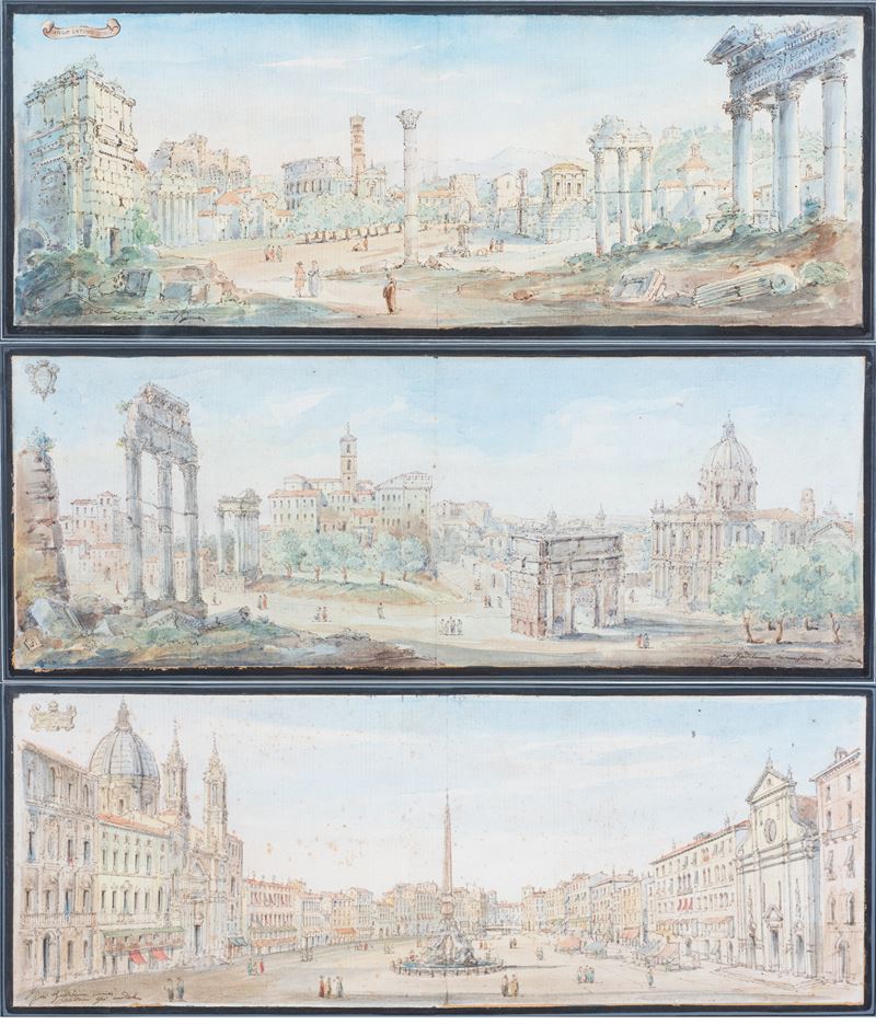 Tre acquerelli raffiguranti vedute di Roma