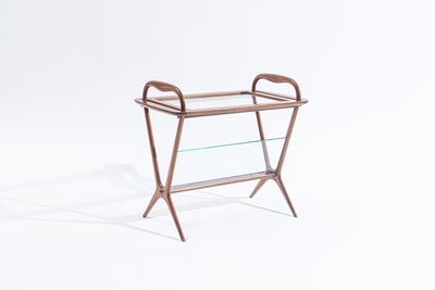Tavolino portariviste, mod. 221, legno di mogano e cristallo molato, 1954
