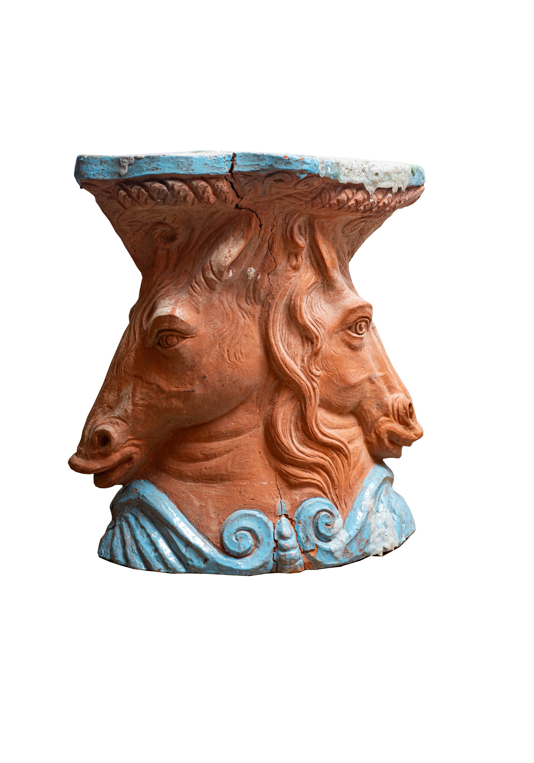 Basamento in terracotta smaltata con teste equine bifronte, XX secolo
