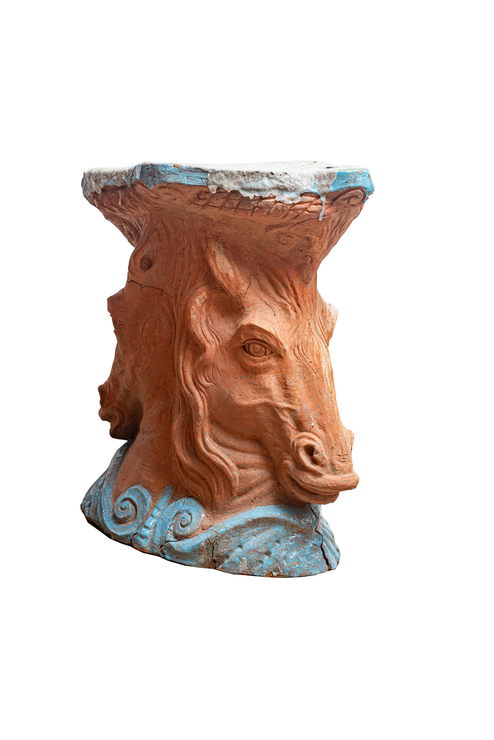 Basamento in terracotta smaltata con teste equine bifronte, XX secolo
