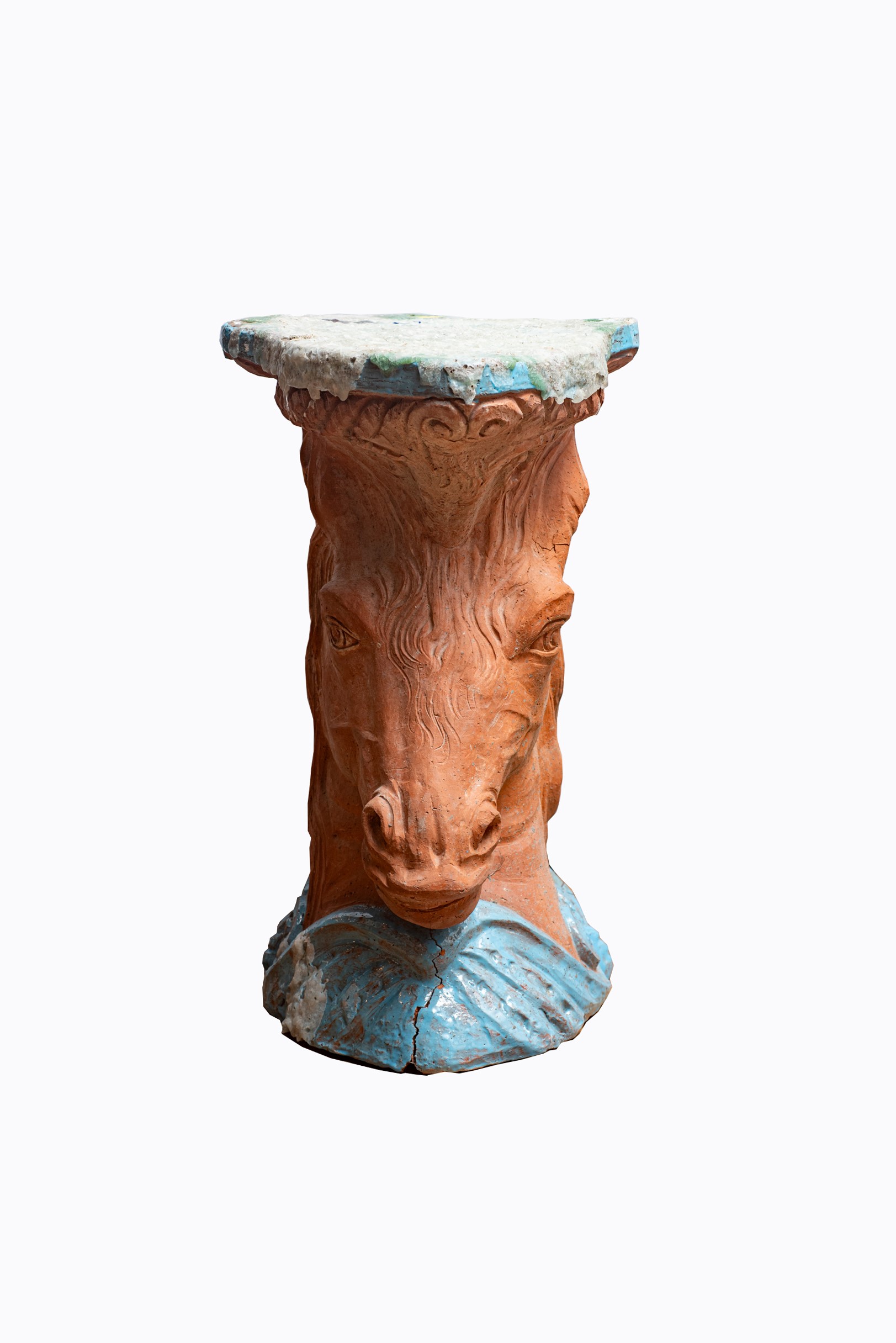 Basamento in terracotta smaltata con teste equine bifronte, XX secolo