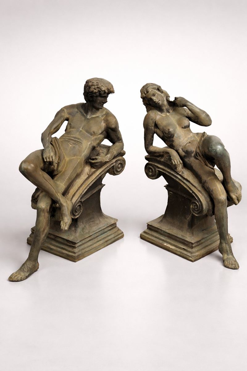 Auguste Moreau - Coppia di sculture in bronzo a patina verde