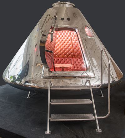Navicella "Apollo", acciaio inox, pelle e alabastro