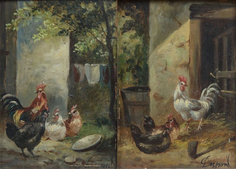 Fine XIX secolo, Pollai, olio su tavoletta