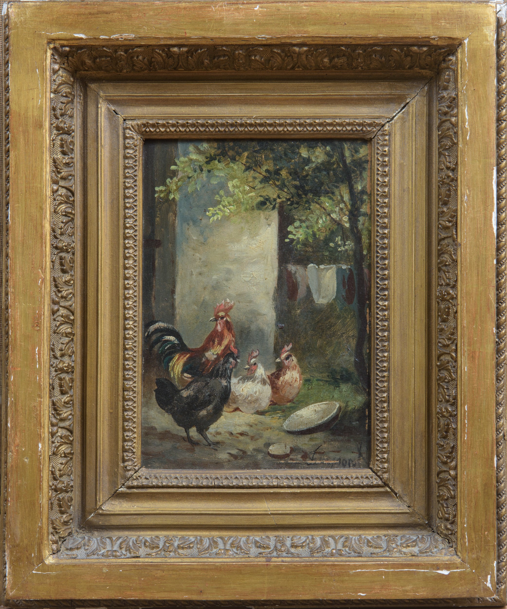 Fine XIX secolo, Pollai, olio su tavoletta
