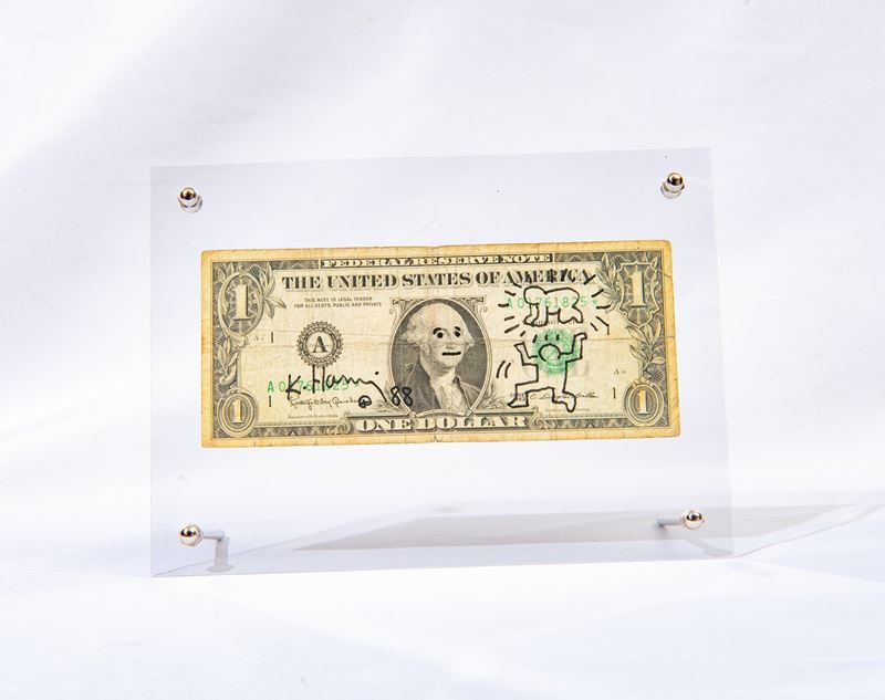 Keith Haring - One Dollar (disegno a pennarello nero su banconota da 1 dollaro), 1988