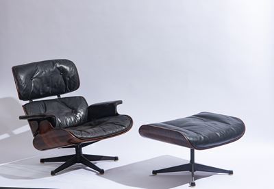 Poltrona e ottomana mod. 670 e 671 in palissandro, metallo laccato e pelle