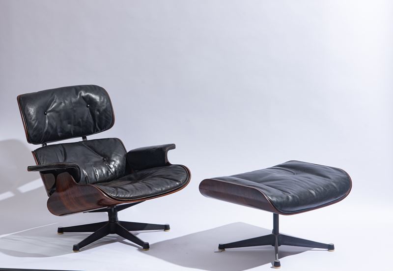 Charles Eames - Poltrona e ottomana mod. 670 e 671 in palissandro, metallo laccato e pelle