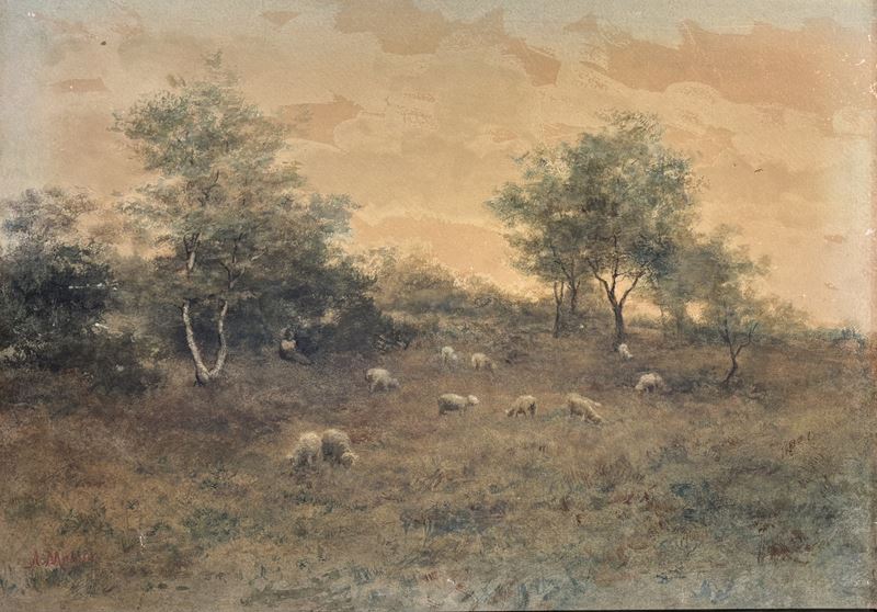 Anton Mauve - Gregge al pascolo - acquarello su carta applicata su tela