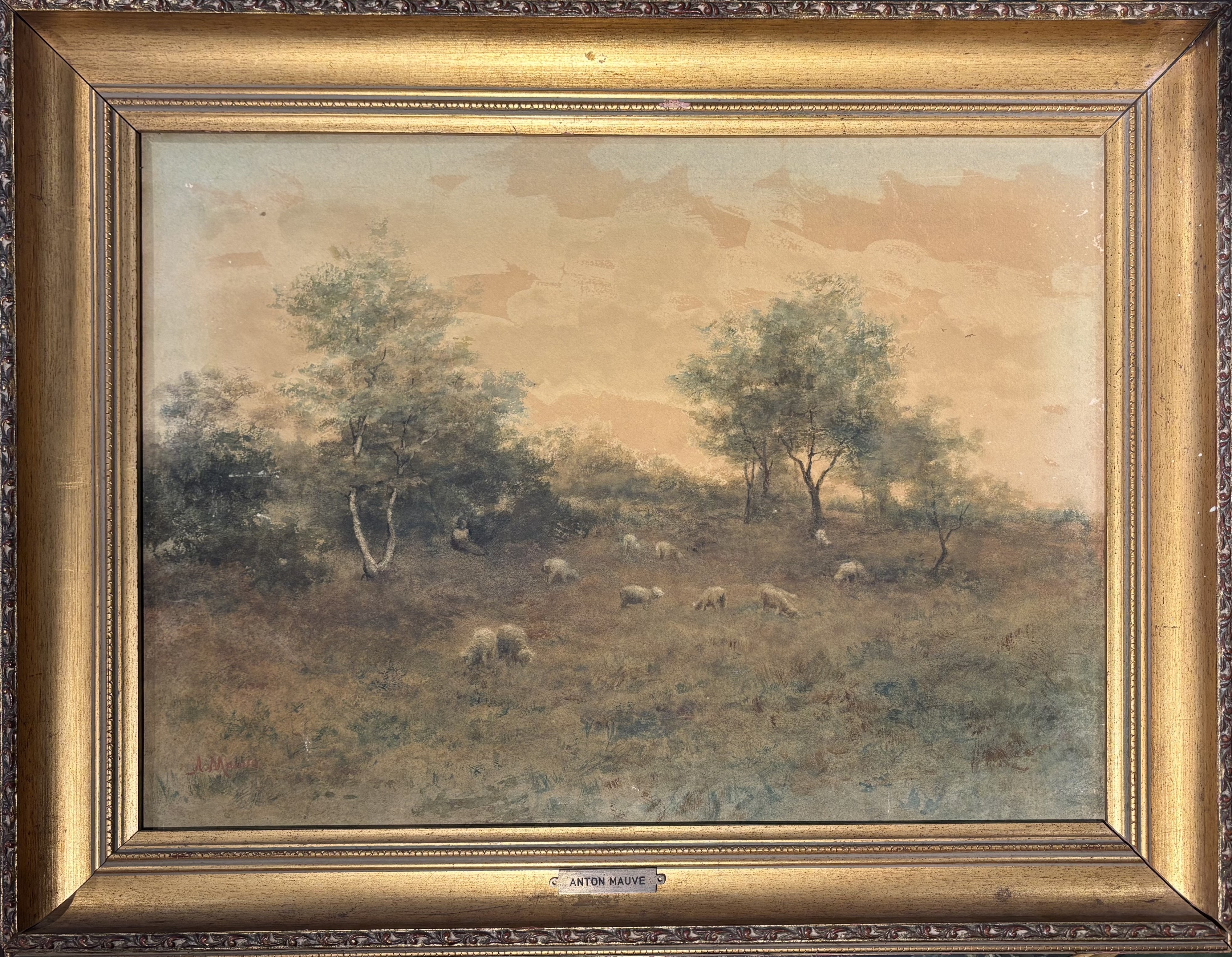 Anton Mauve - Gregge al pascolo - acquarello su carta applicata su tela