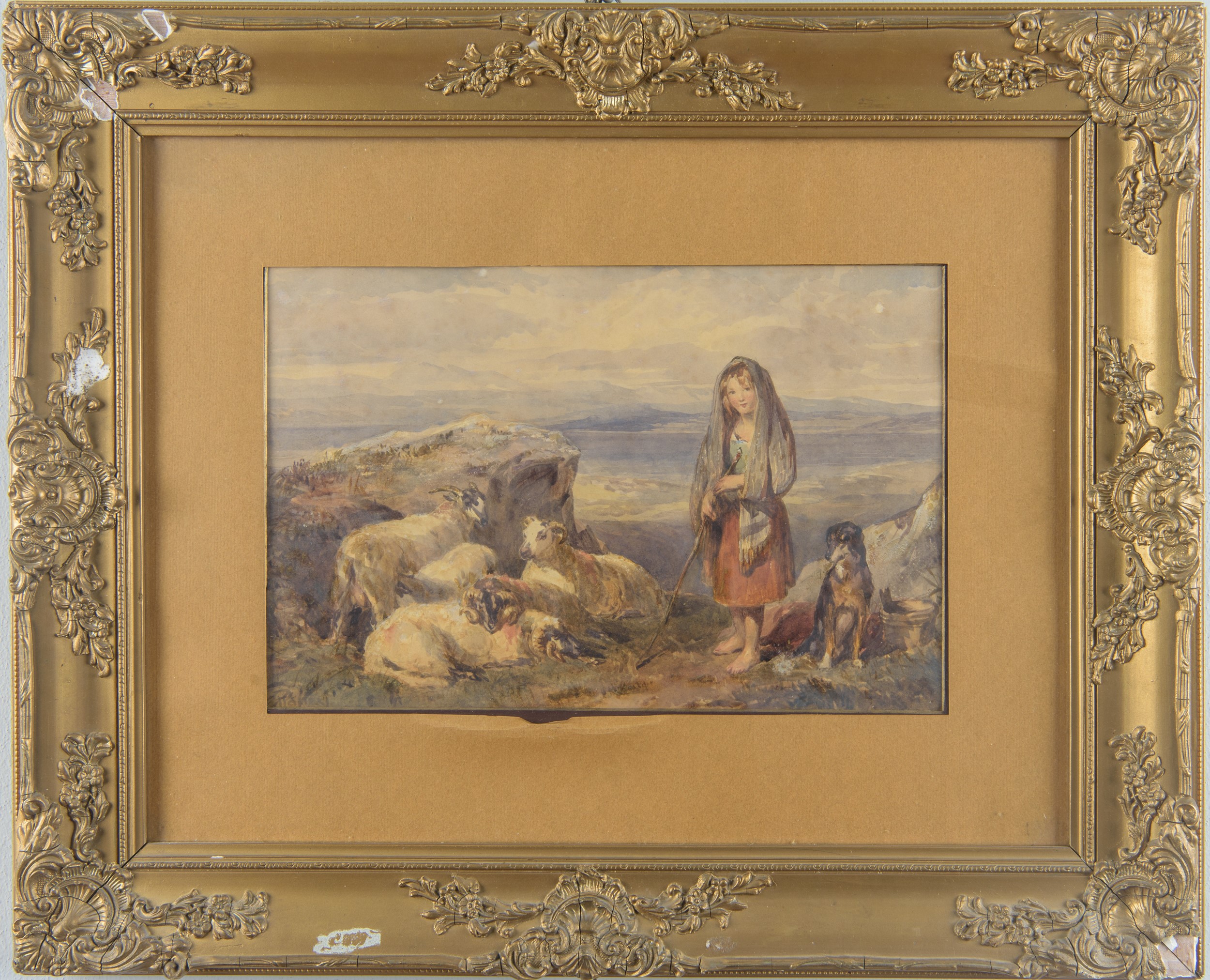 Giuseppe Palizzi - Contadinella con armenti e cane, acquerello su carta