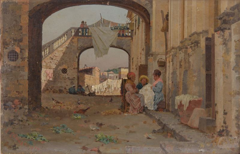 Giuseppe Cosenza - Personaggi femminili vicino ad un ponticello, olio su tavola