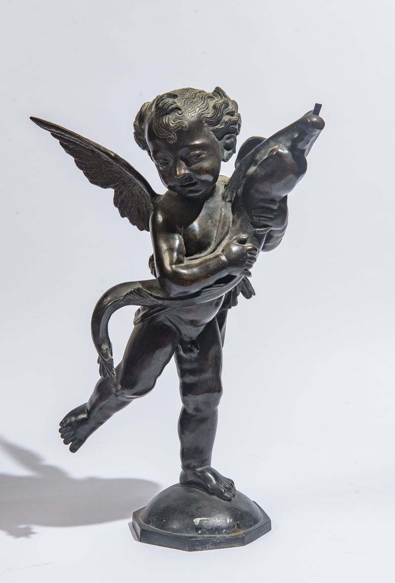 Scultura a figura di putto con delfino, bronzo, XIX secolo