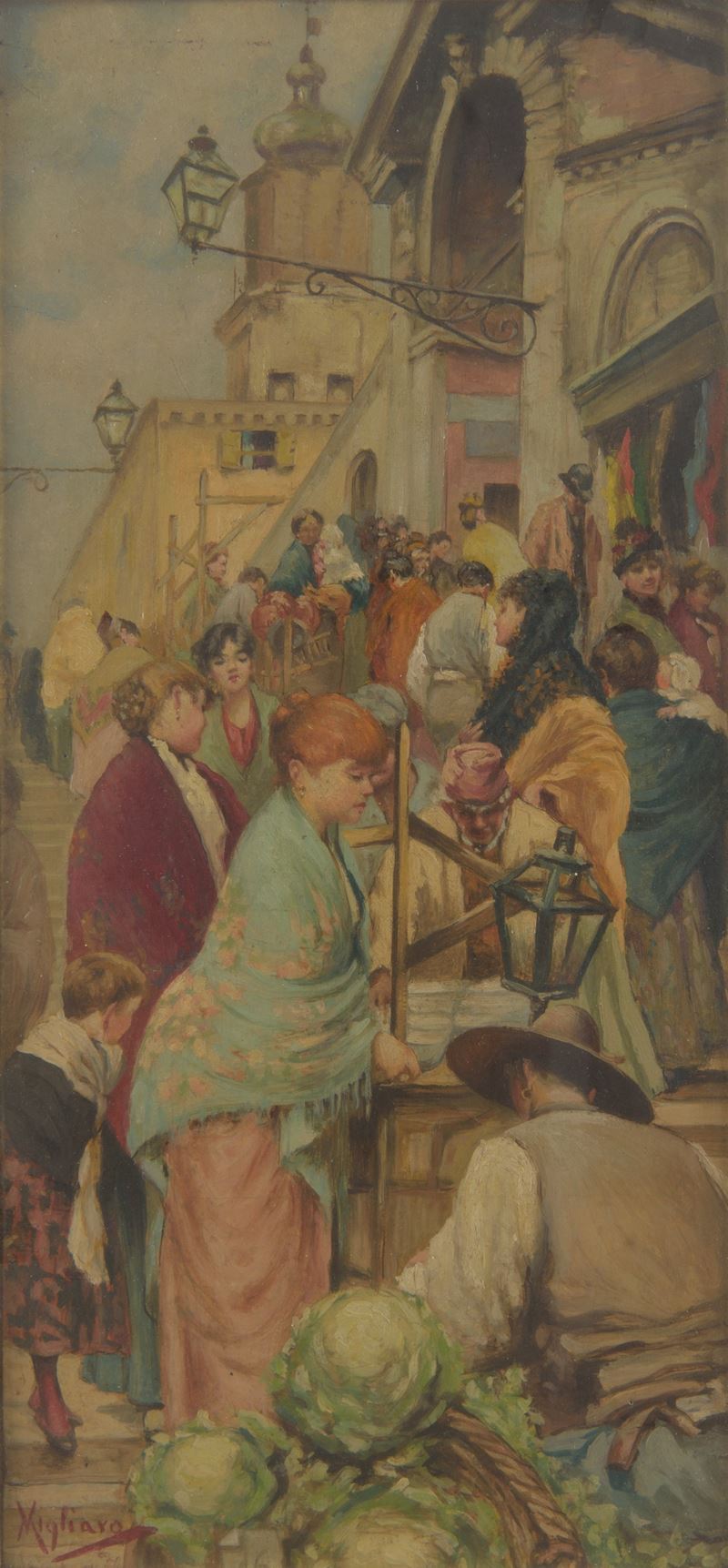 Vincenzo Migliaro - Scena di mercato, olio su tavola