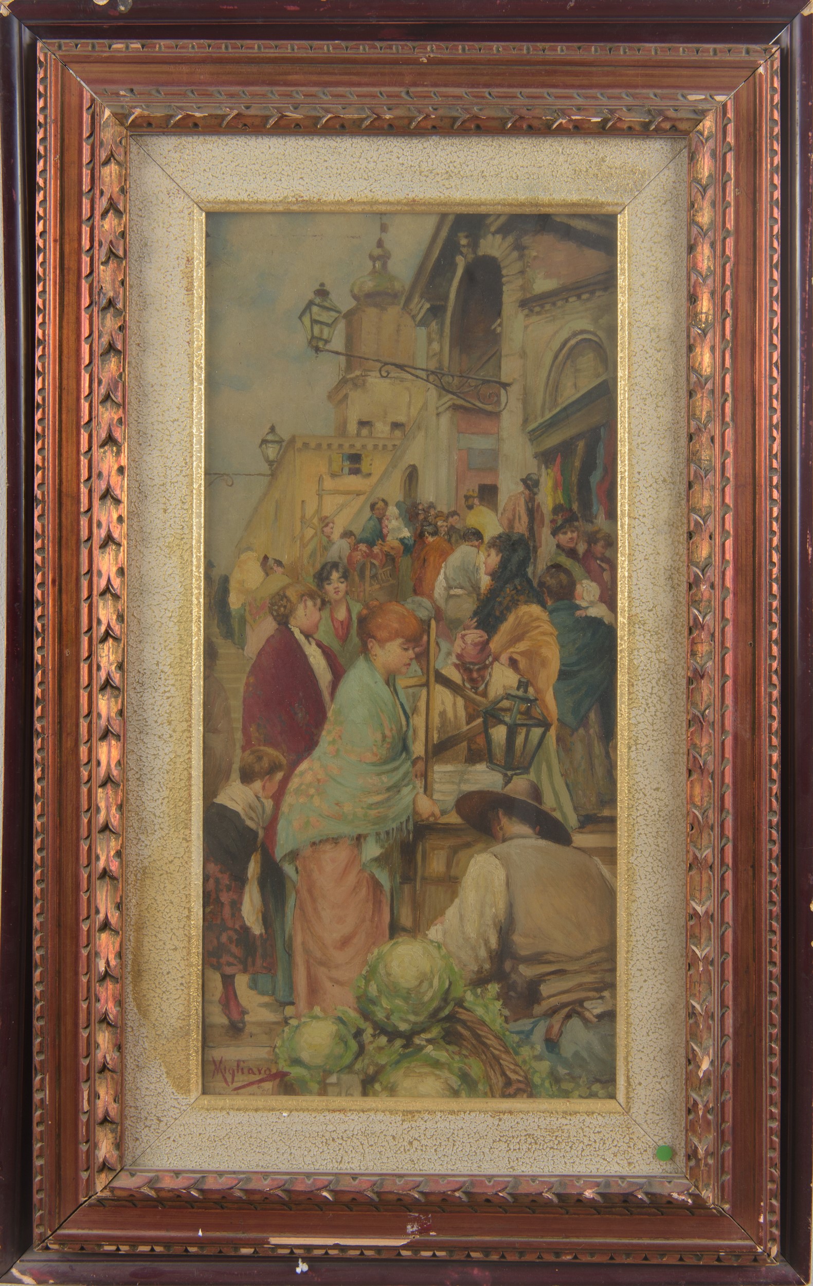 Vincenzo Migliaro - Scena di mercato, olio su tavola