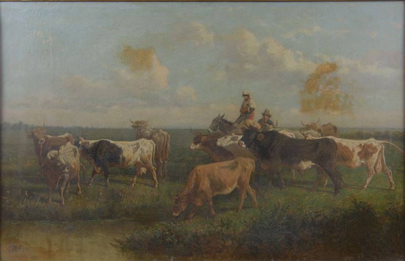 Giuseppe Palizzi - Scena campestre con armenti, olio su tela