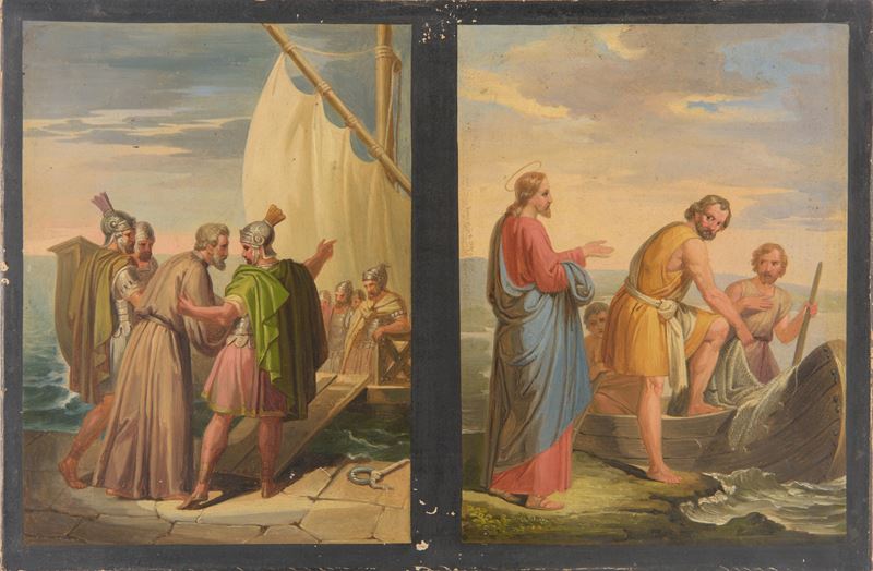 Coppia di dipinti raffiguranti quattro episodi biblici