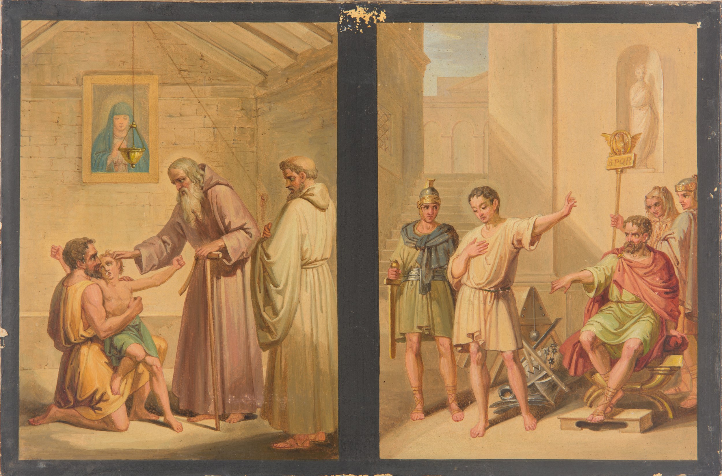 Coppia di dipinti raffiguranti quattro episodi biblici