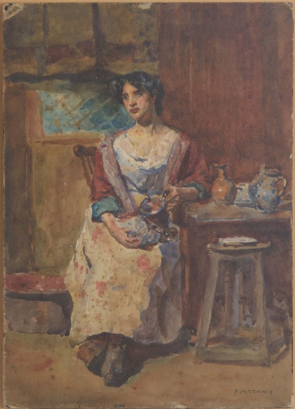 Fortunino Matania - Scena d'interno con figura femminile