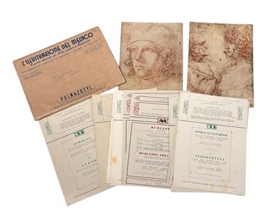 Raccolta di 19 Stampe di Medicinali e "disegni di Grandi Maestri al Retro