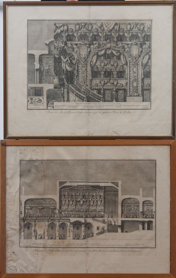 Giuseppe Vasi - Due incisioni: Parte del Teatro Reale di San Carlo; Spaccato del Real Palazzo