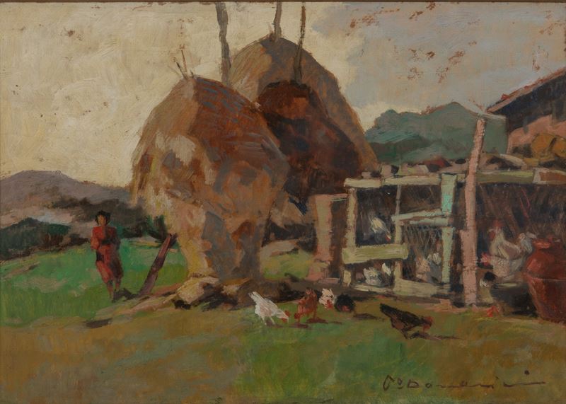 Carlo Domenici - Paesaggio maremmano, olio su tavoletta