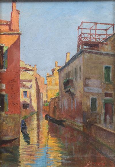 Canale veneziano, olio su tela applicata su cartone