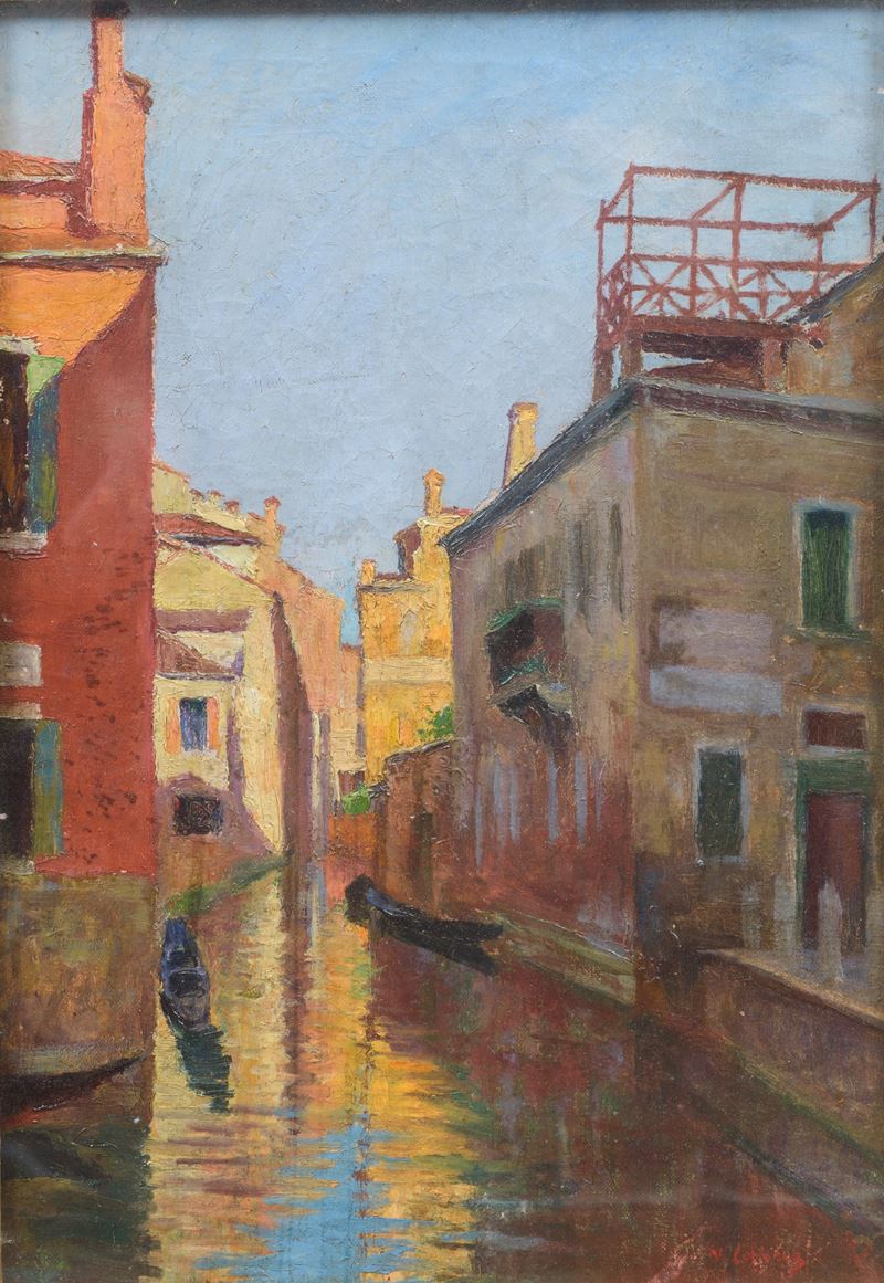 Vincenzo Cabianca - Canale veneziano, olio su tela applicata su cartone
